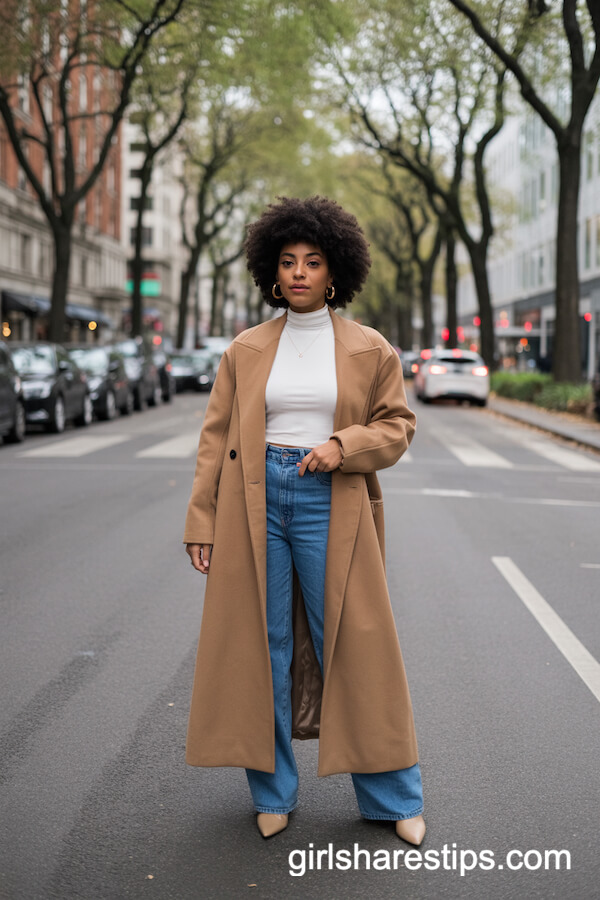 Camel Coat with White Turtleneck