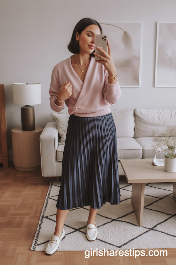 Navy Pleated Satin Midi Skirt