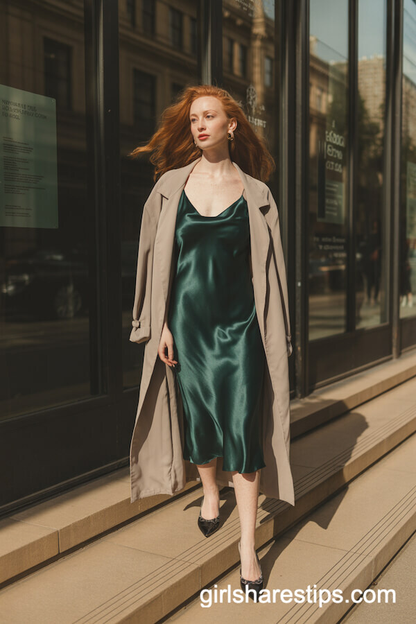 Emerald Satin Slip Dress with Duster Coat