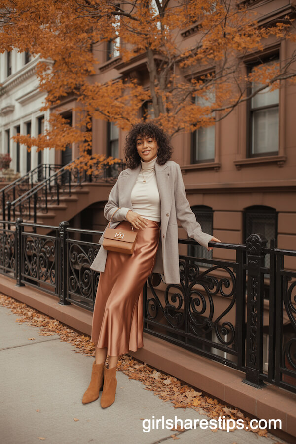 Copper Satin Slip Skirt with Suede Booties