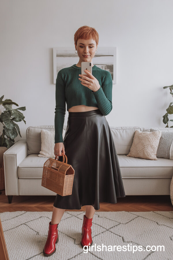Cropped Green Sweater with A-Line Skirt