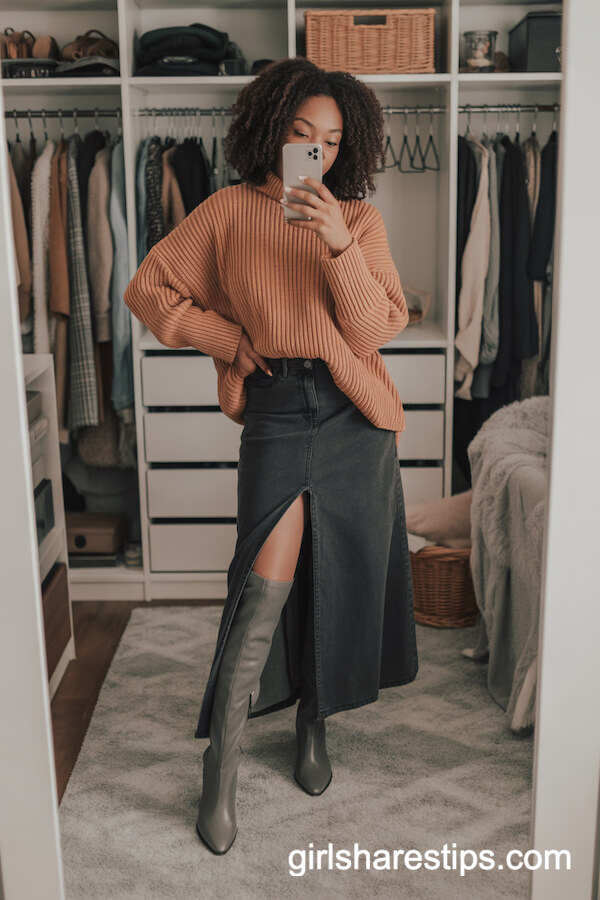 Denim Maxi Skirt with Oversized Sweater