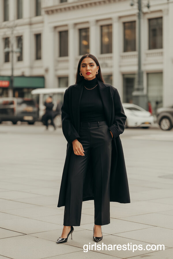 Tailored Black Coat with Straight-Leg Trousers