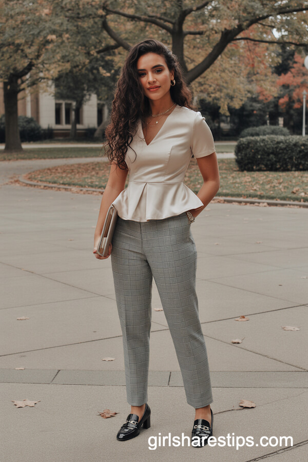 Cream Peplum Top with Plaid Trousers
