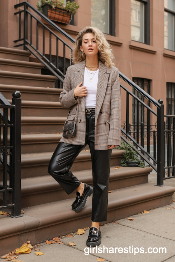 Plaid Blazer with Leather Pants