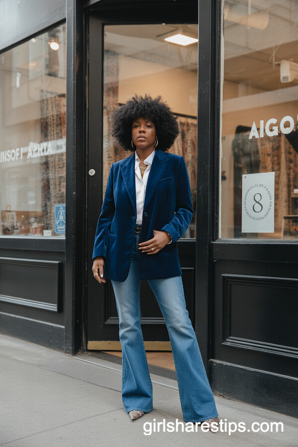 Velvet Blazer with Flared Jeans