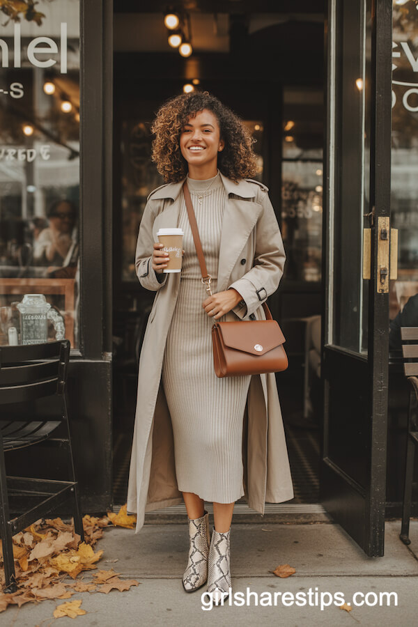 Beige Knit Midi Dress with Trench Coat