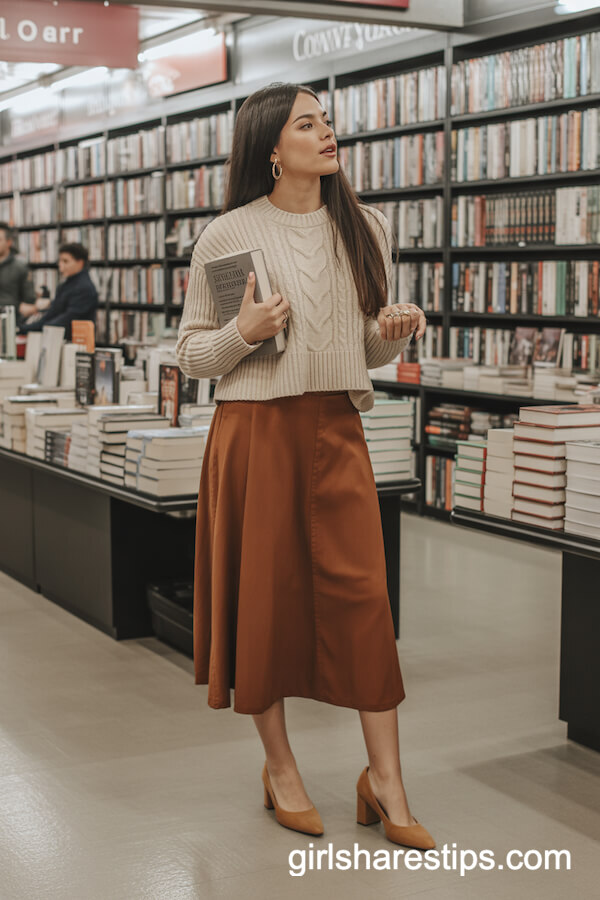 Rust Midi Skirt with Cable-Knit Sweater