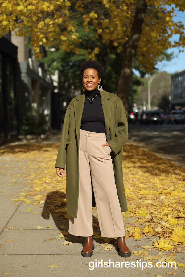 Olive Green Coat with Wide-Leg Trousers