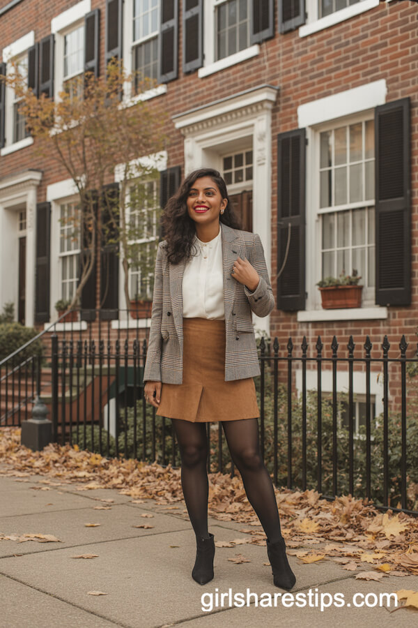 Tan Suede Skirt with Plaid Blazer