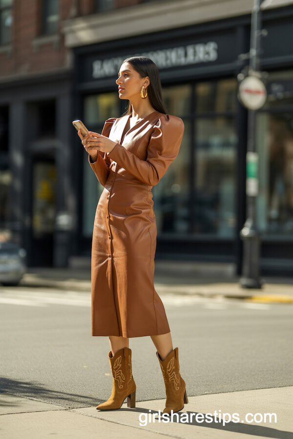 Cognac Leather Midi Dress with Puff Sleeves