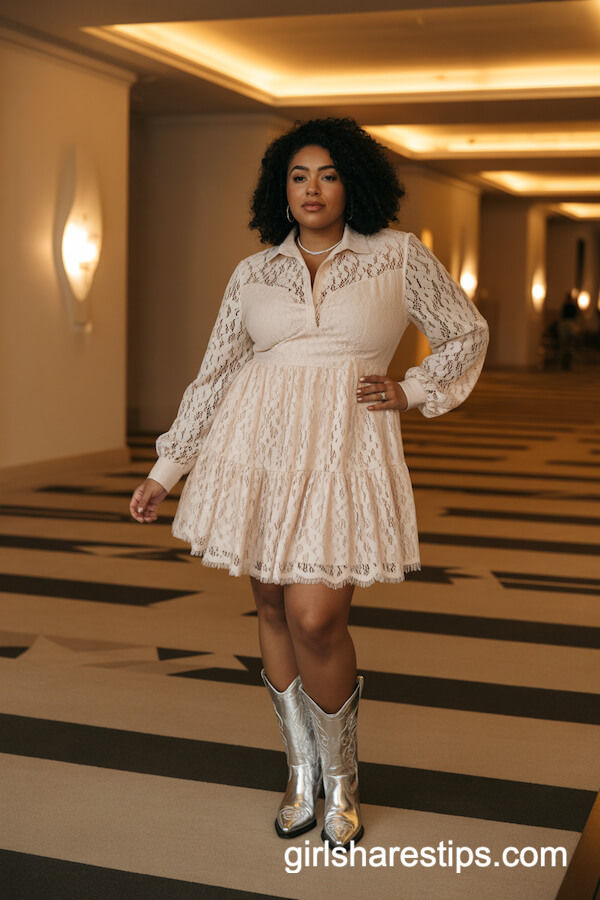 Ivory Lace Dress with Cinched Waist and Silver Boots
