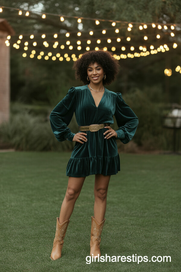 Deep Green Velvet Dress with Gold Belt