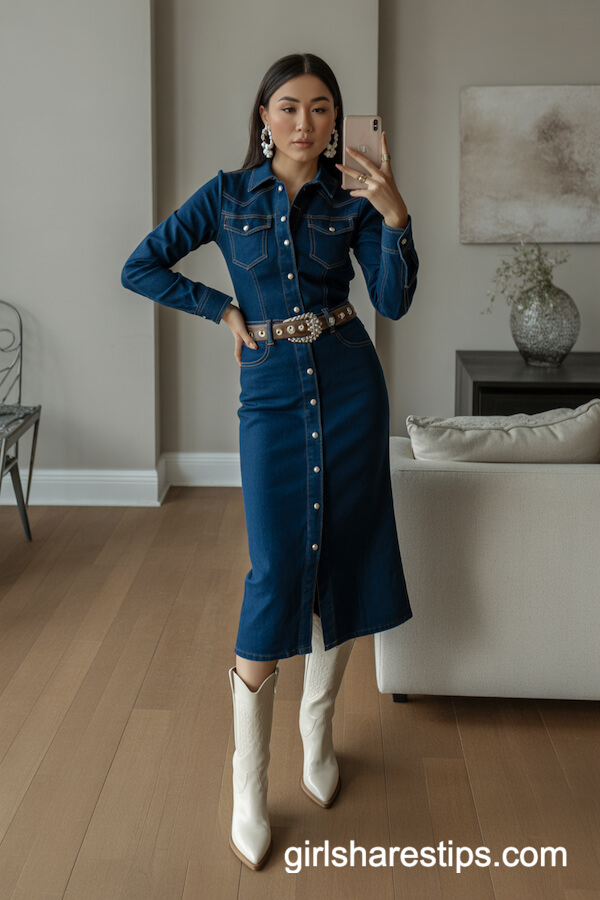 Dark Blue Denim Midi Dress with Pearl Snap Buttons