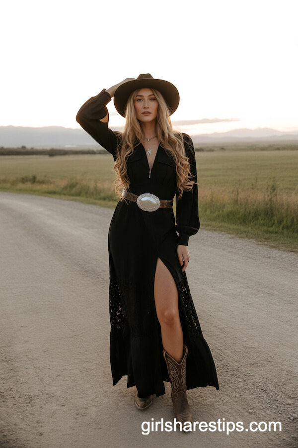 Black Western Maxi Dress with High Slit and Silver Belt