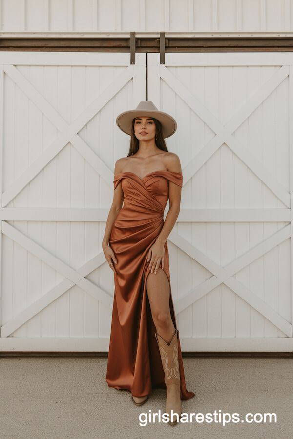 Rust Orange Satin Gown with Deep Slit and Cowboy Hat