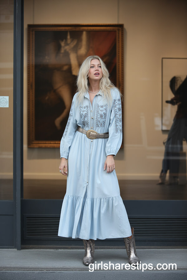 Pale Blue Embroidered Boho Maxi Dress with Metallic Belt