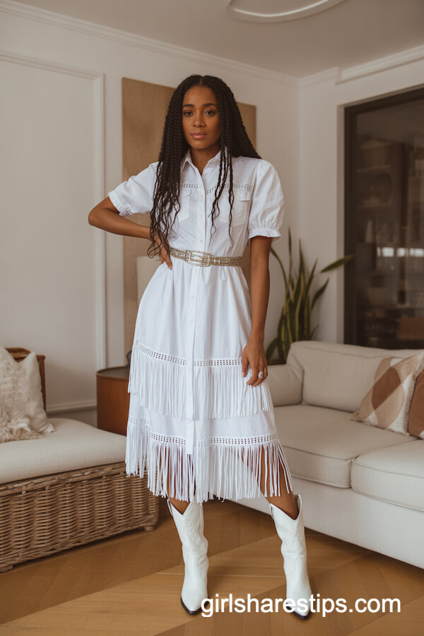White Midi Dress with Tiered Fringe and Metallic Belt