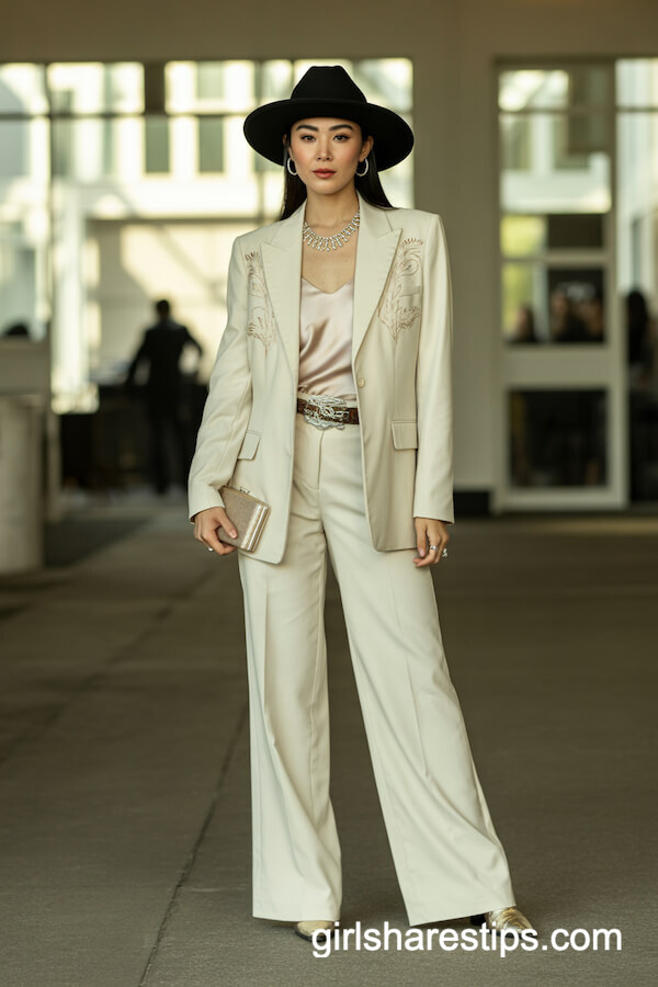 Tailored Cream Blazer with Western Embroidery and Belt