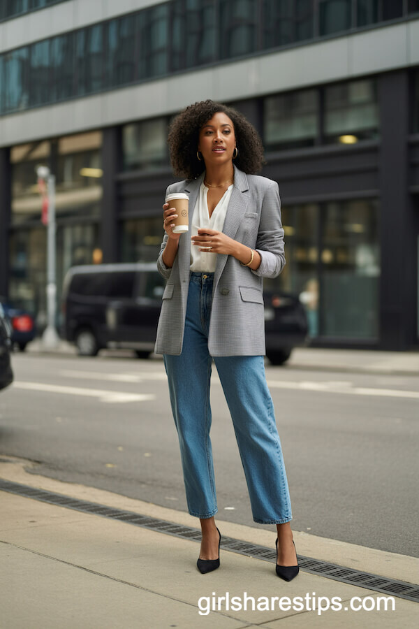 Tailored Grey Blazer and Straight-Leg Jeans
