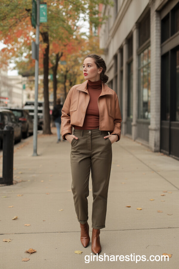 Rust Turtleneck with Olive Trousers