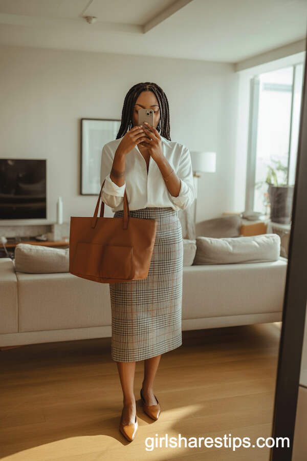 White Shirt and Plaid Pencil Skirt