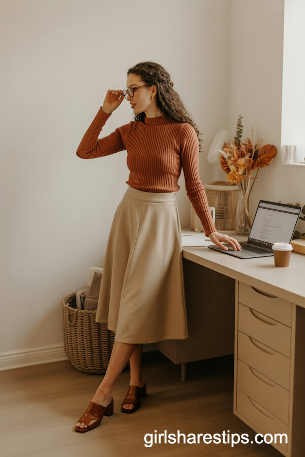 Rust Knit Top Beige A-Line Midi Skirt