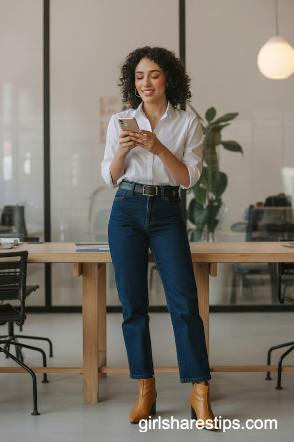 Dark Blue Straight-Leg Jeans and Heeled Booties