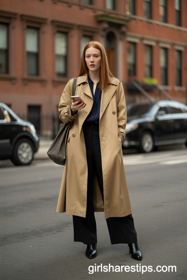 Classic Trench Coat with Navy Blouse