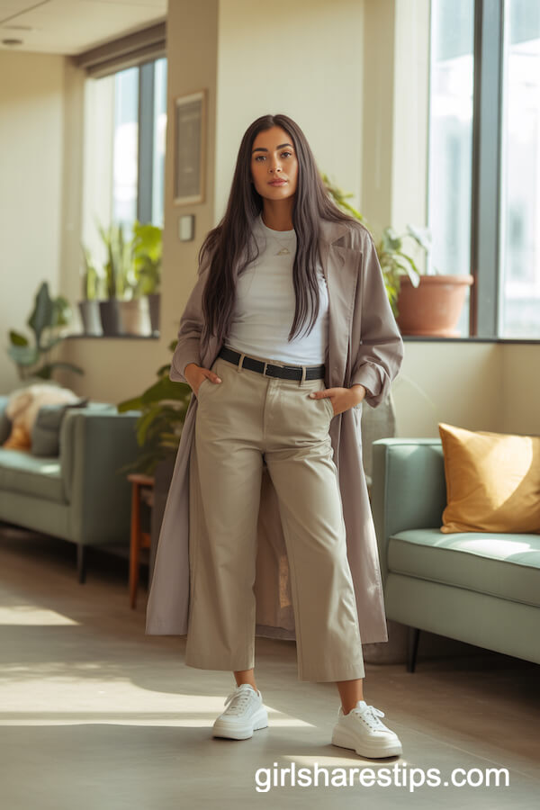 White Tee and Light Taupe Duster Coat