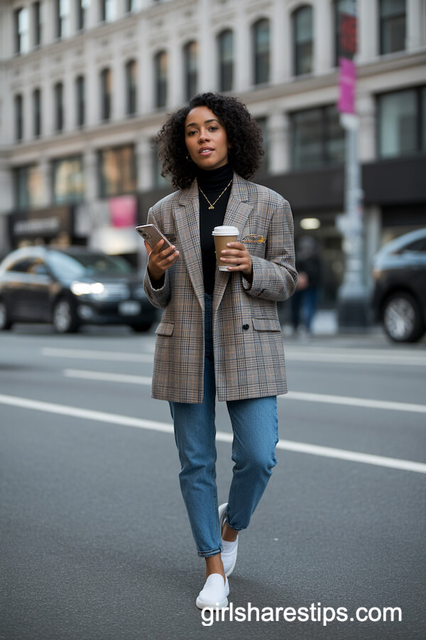 Menswear-Inspired Plaid Blazer and Sneakers