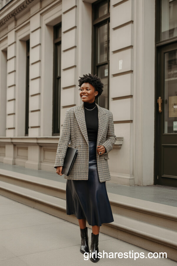 Checkered Wool Blacer with Navy Midi Skirt