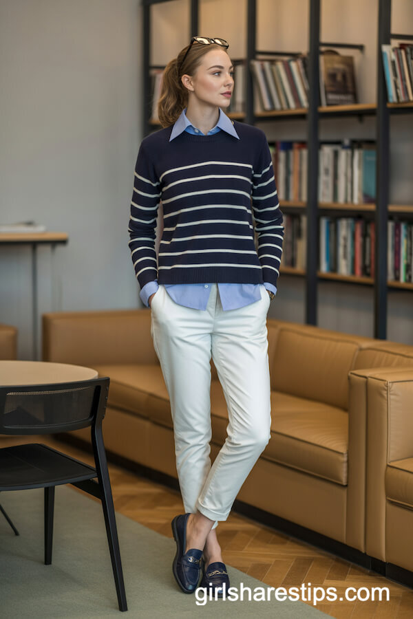 Navy Striped Collegiate Sweater and White Slacks