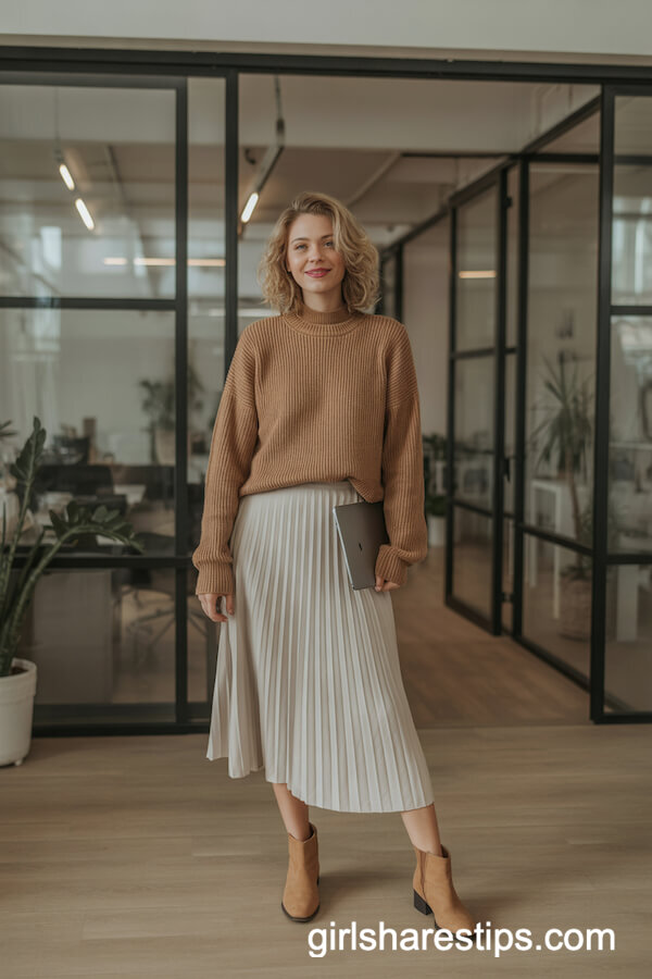 Camel Knit Sweater with Pleated Midi Skirt