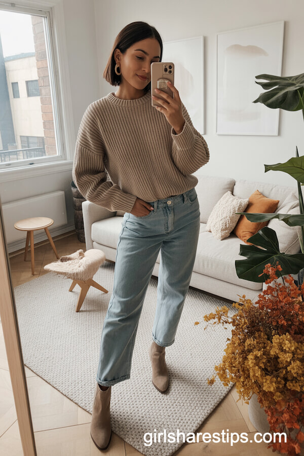 Chunky Knit Sweater with Straight-Leg Jeans