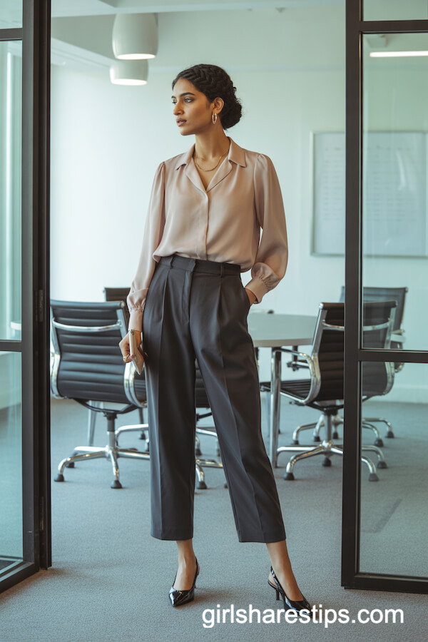 Flowy Blush Blouse with Charcoal Cropped Trousers