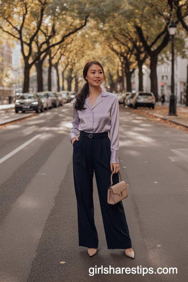 Navy Wide-Leg Trousers Silky Lilac Blouse