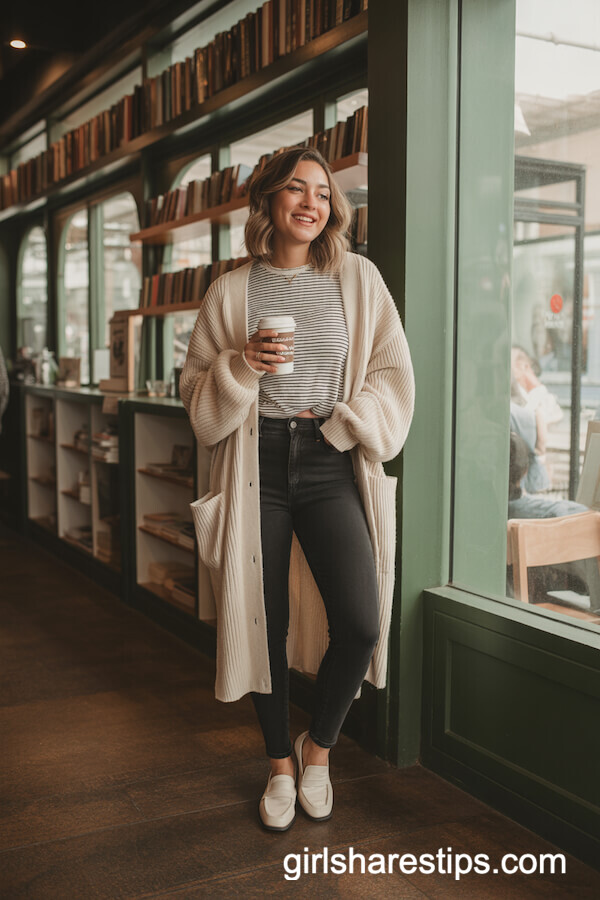 Cream Oversized Cardigan with Striped Tee