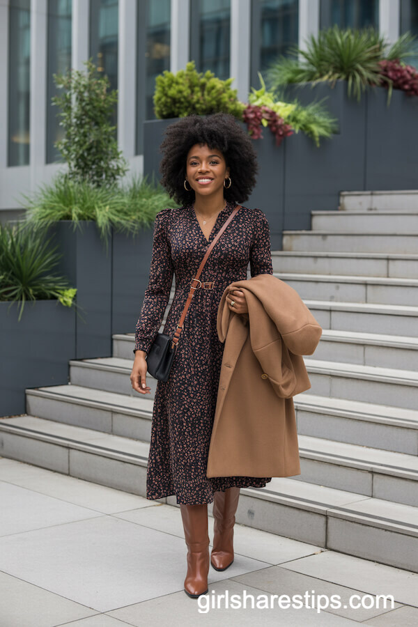 Floral Midi Dress with Knee-High Boots