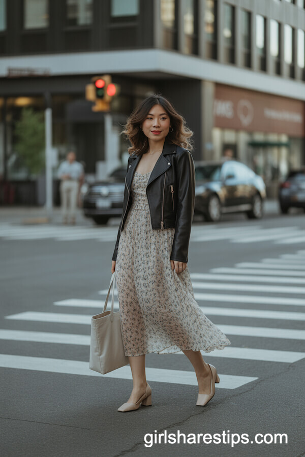 Floral Midi Dress Cropped Leather Jacket