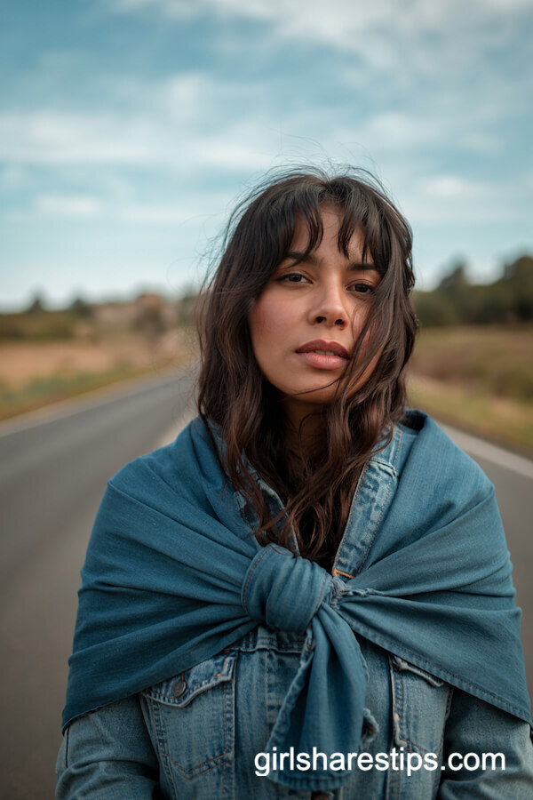 Windswept Hair with Denim Scarf