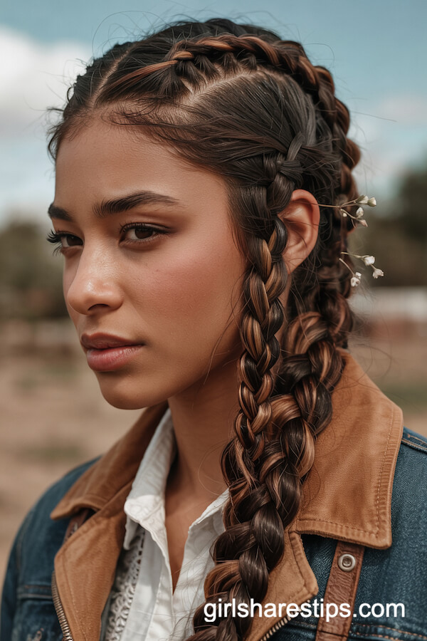 Long French Braid with Wildflowers