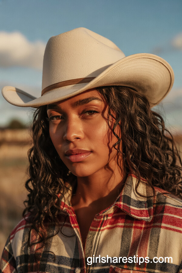 Natural Curls Under White Cowboy Hat