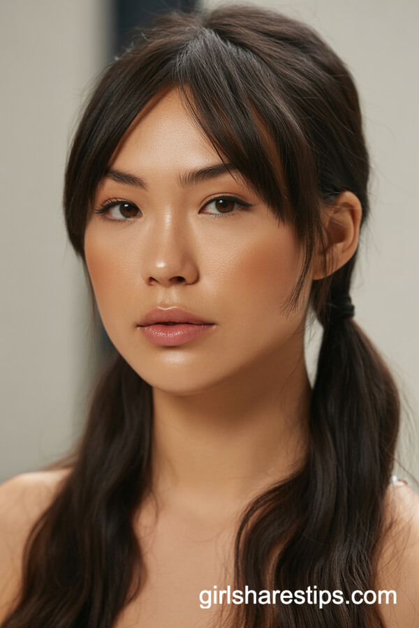 Mid-Height Ponytail with Side-Swept Bangs