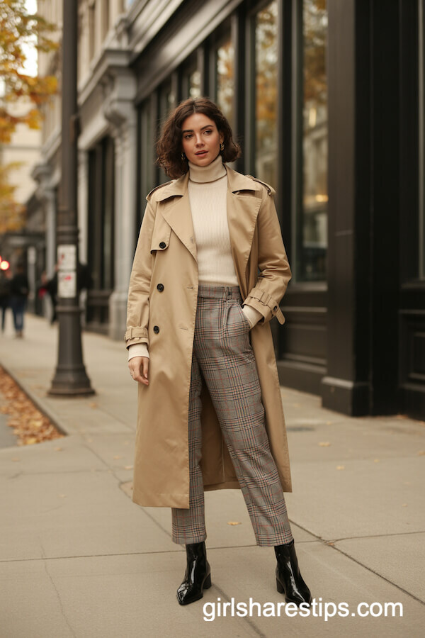 Beige Trench Coat and Plaid Trousers