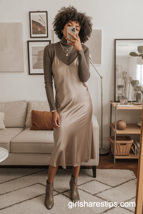Taupe Turtleneck and Satin Slip Dress