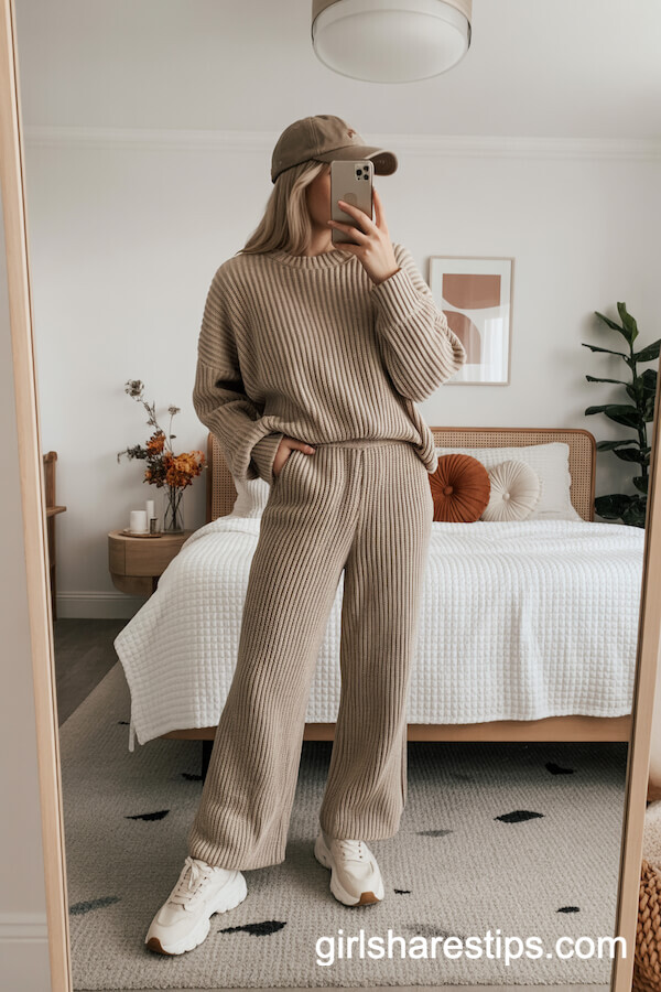Beige Knit Sweater Wide-Leg Knit Pants