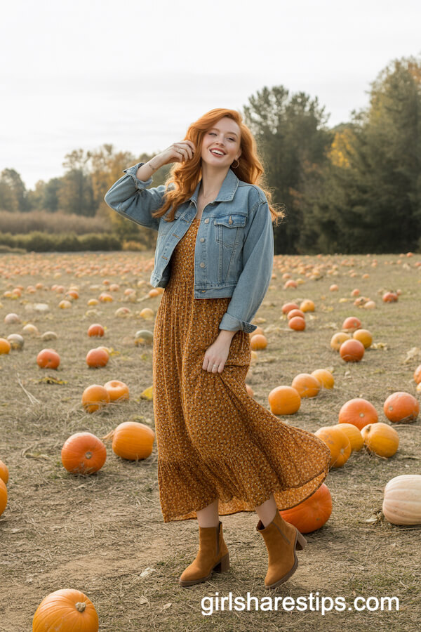 Printed Fall-Tone Maxi Dress and Cropped Denim Jacket