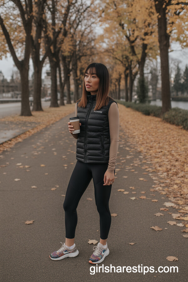 Black Puffer Vest and Black Leggings