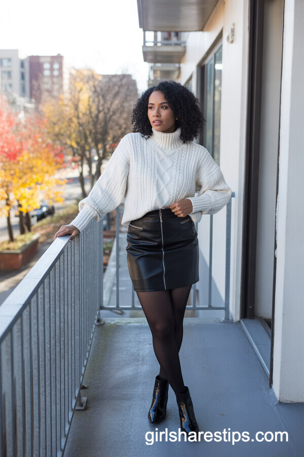 Chunky White Cable-Knit Sweater and Faux Leather Mini Skirt